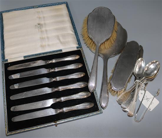 A set of six Victorian Irish silver teaspoons by Philip Weekes, together with cased cake knives and four piece brush set & tongs.